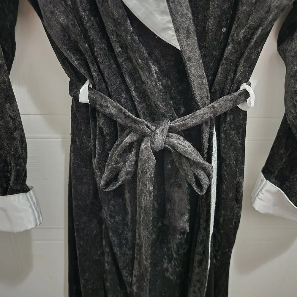 Vintage Audrey Lane Women's Black Velvet Robe White Satin Trim Belted‎ Sz Medium